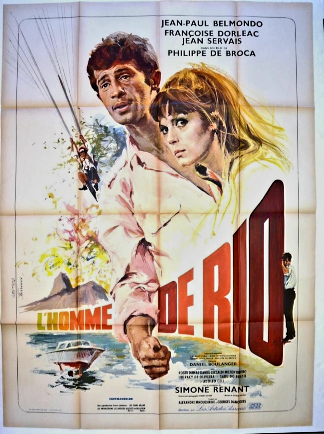 Original-Kinoplakat „L'Homme de Rio“ (Der Mann aus Rio) von 1964, Format 120 x 160 cm, auf Leinwand aufgezogen, mit Jean-Paul Belmondo