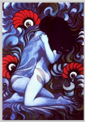 Affiche polonaise psychédélique représentant une femme nue aux cheveux noirs entourée de motifs floraux et organiques bleus et roses, illustration de Wiktor Górka.Psychedelic Polish poster depicting a nude woman with black hair surrounded by blue and pink floral and organic patterns, illustrated by Wiktor Górka.