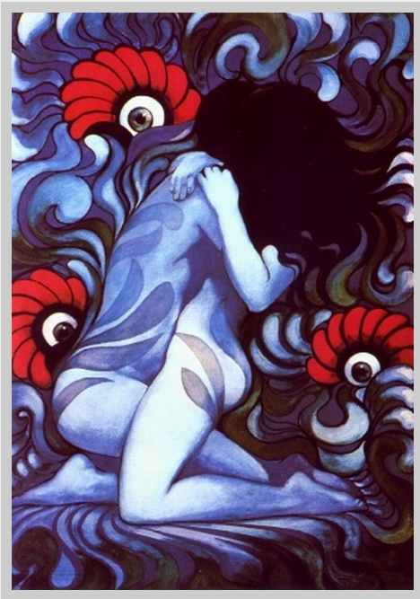 Affiche polonaise psychédélique représentant une femme nue aux cheveux noirs entourée de motifs floraux et organiques bleus et roses, illustration de Wiktor Górka.Psychedelic Polish poster depicting a nude woman with black hair surrounded by blue and pink floral and organic patterns, illustrated by Wiktor Górka.