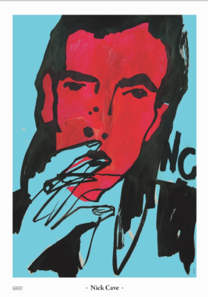 Portrait stylisé de Nick Cave réalisé par Maja Wolna, avec visage rouge, fond bleu turquoise et traits noirs expressifs. Stylized portrait of Nick Cave by Maja Wolna featuring a bright red face, turquoise blue background and expressive black brushstrokes.