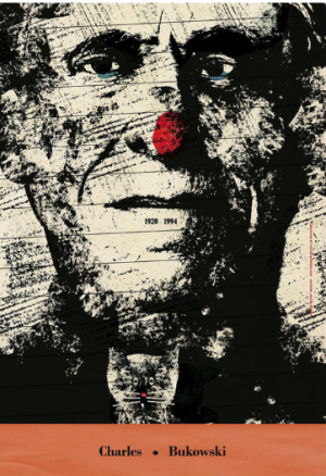Portrait expressionniste de Charles Bukowski avec nez rouge sur fond noir et beige, affiche contemporaine polonaise créée par Jakub Zasada. Expressionist portrait of Charles Bukowski with a red nose on a black and beige background, contemporary Polish poster by Jakub Zasada.