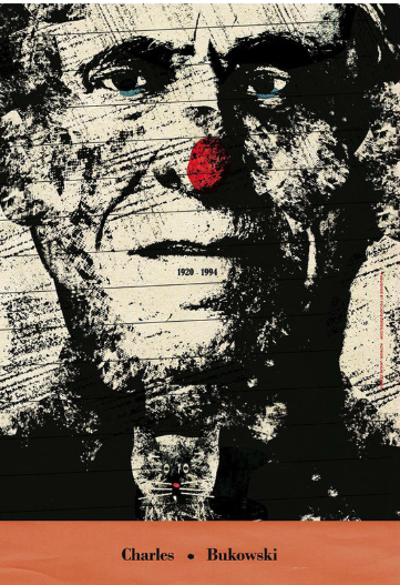Portrait expressionniste de Charles Bukowski avec nez rouge sur fond noir et beige, affiche contemporaine polonaise créée par Jakub Zasada. Expressionist portrait of Charles Bukowski with a red nose on a black and beige background, contemporary Polish poster by Jakub Zasada.