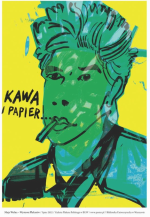 Portrait stylisé de Jim Jarmusch aux tons verts et turquoise sur fond jaune vif, affiche contemporaine polonaise réalisée par Maja Wolna. Stylized portrait of Jim Jarmusch in green and turquoise tones against a bright yellow background, contemporary Polish poster by Maja Wolna.