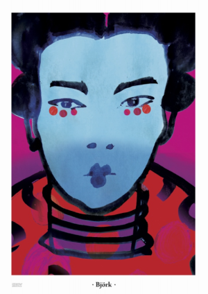 Portrait stylisé de Björk réalisé par Wolna Maja, affiche contemporaine polonaise aux couleurs fuchsia, bleu et noir, édition limitée 2022.Stylized portrait of Björk by Wolna Maja, contemporary Polish poster featuring pink, blue and black tones, limited edition from 2022.