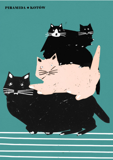 Affiche contemporaine représentant une pyramide de chats stylisés noirs et beige sur fond turquoise, illustration minimaliste de Jakub Zasada.Contemporary poster featuring a pyramid of stylized black and beige cats on a turquoise background, minimalist illustration by Jakub Zasada.