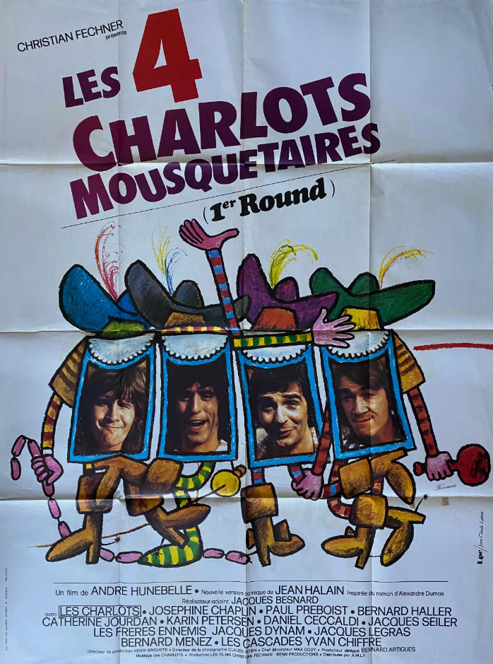 Affiche du film français « Les Quatre Charlots mousquetaires » (1974) avec le groupe comique Les Charlots