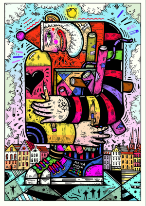 Affiche publicitaire colorée de Pawel Krol représentant un personnage abstrait et surréaliste dans un style pop art et street art, avec paysage urbain polonais en arrière-plan. Colorful advertising poster by Pawel Krol featuring an abstract surreal character in a pop art and street art style with an urban Polish cityscape background.