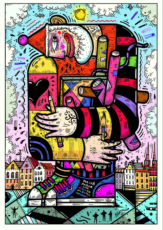 Affiche publicitaire colorée de Pawel Krol représentant un personnage abstrait et surréaliste dans un style pop art et street art, avec paysage urbain polonais en arrière-plan. Colorful advertising poster by Pawel Krol featuring an abstract surreal character in a pop art and street art style with an urban Polish cityscape background.