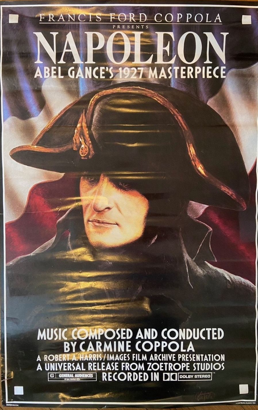 Affiche cinéma du film Napoléon (1927) d’Abel Gance, version restaurée présentée par Francis Ford Coppola. Movie poster for Napoleon (1927), directed by Abel Gance, restored and presented by Francis Ford Coppola.