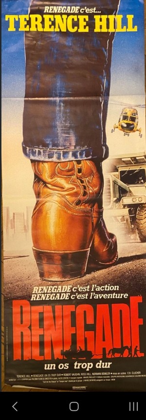 Affiche cinéma originale du film Renegade – Un os trop dur (1987) avec Terence Hill, film d’action et d’aventure. Original movie poster for Renegade (1987), starring Terence Hill, action and adventure film.