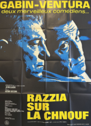Affiche originale du film Razzia sur la chnouf avec portraits stylisés bleu et jaune de Jean Gabin et Lino Ventura.Original movie poster for Razzia sur la chnouf featuring blue and yellow stylized portraits of Jean Gabin and Lino Ventura.