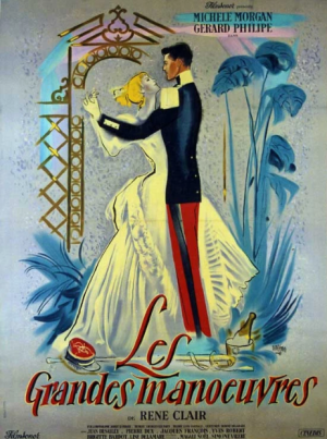 Affiche originale du film Les Grandes Manœuvres de René Clair avec Gérard Philipe et Michèle Morgan, comédie romantique française de 1955. Original French poster for Les Grandes Manœuvres directed by René Clair, starring Gérard Philipe and Michèle Morgan, 1955.