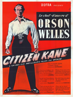 Affiche française du film Citizen Kane d’Orson Welles avec portrait stylisé du personnage principal sur fond rouge French movie poster for Citizen Kane directed by Orson Welles featuring a stylized portrait of the main character on a red background
