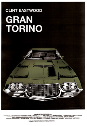 Affiche polonaise de Gran Torino avec voiture Ford verte en vue frontale sur fond noir, Clint Eastwood Polish poster for Gran Torino featuring a green Ford car front view on black background with Clint Eastwood