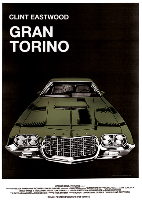 Affiche polonaise de Gran Torino avec voiture Ford verte en vue frontale sur fond noir, Clint Eastwood Polish poster for Gran Torino featuring a green Ford car front view on black background with Clint Eastwood