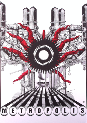 Affiche polonaise de Metropolis avec composition graphique mêlant machine industrielle, visage humain et motifs abstraits rouges