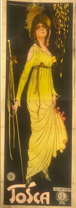 Affiche ancienne Tosca illustrée par T. Corbella représentant une femme en robe jaune dans un style Art nouveau, production Caësar Film. Vintage Tosca movie poster illustrated by T. Corbella featuring a woman in a yellow dress in Art Nouveau style, Caësar Film production.