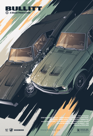 Affiche polonaise du film Bullitt avec deux voitures lancées à grande vitesse, style graphique moderne, Steve McQueen Polish poster for Bullitt featuring two speeding cars in a modern graphic style, starring Steve McQueen