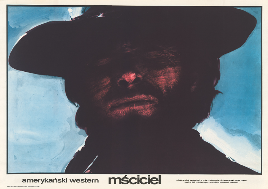 Affiche polonaise du film L’Homme des hautes plaines avec portrait sombre de Clint Eastwood en silhouette sur fond bleu Polish poster for High Plains Drifter featuring a dark silhouette portrait of Clint Eastwood against a blue background