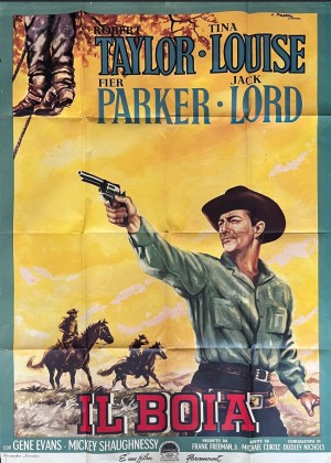 Affiche originale italienne du film western IL BOIA réalisé par Michael Curtiz avec Robert Taylor armé d’un revolver dans un paysage de western. Original Italian movie poster for the western IL BOIA directed by Michael Curtiz featuring Robert Taylor holding a revolver in a western landscape.