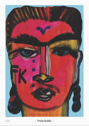 Portrait stylisé de Frida Kahlo aux tons rouges, noirs et bleus avec sourcils marqués, affiche contemporaine polonaise réalisée par Maja Wolna. Stylized portrait of Frida Kahlo in red, black and blue tones with iconic eyebrows, contemporary Polish poster by Maja Wolna.